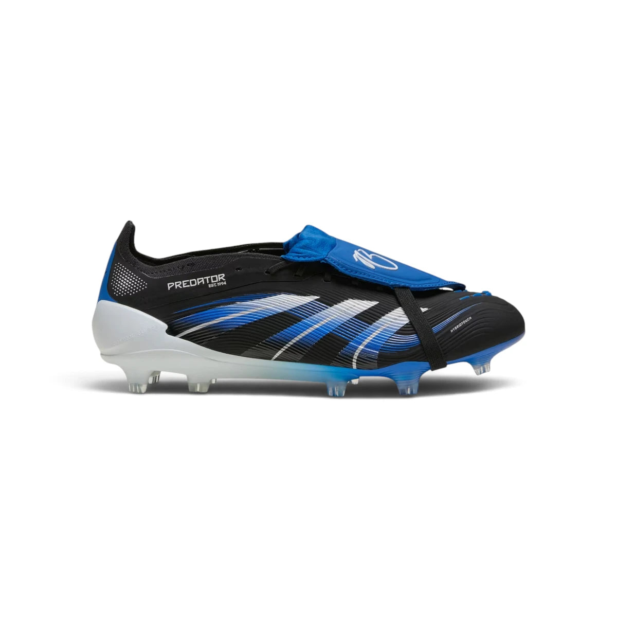 Clean lateral studio view of the boot in Core Black, Cloud White, and Glow Blue, emphasizing the aerodynamic silhouette, HybridTouch upper, and lightweight sole plate.