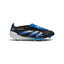 Clean lateral studio view of the boot in Core Black, Cloud White, and Glow Blue, emphasizing the aerodynamic silhouette, HybridTouch upper, and lightweight sole plate.
