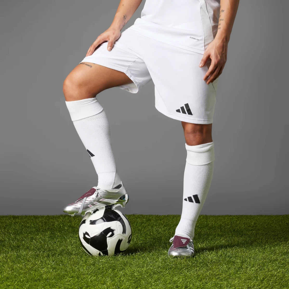Player wearing the silver and burgundy Predator Elite boots while resting a foot atop a football on an artificial turf pitch.