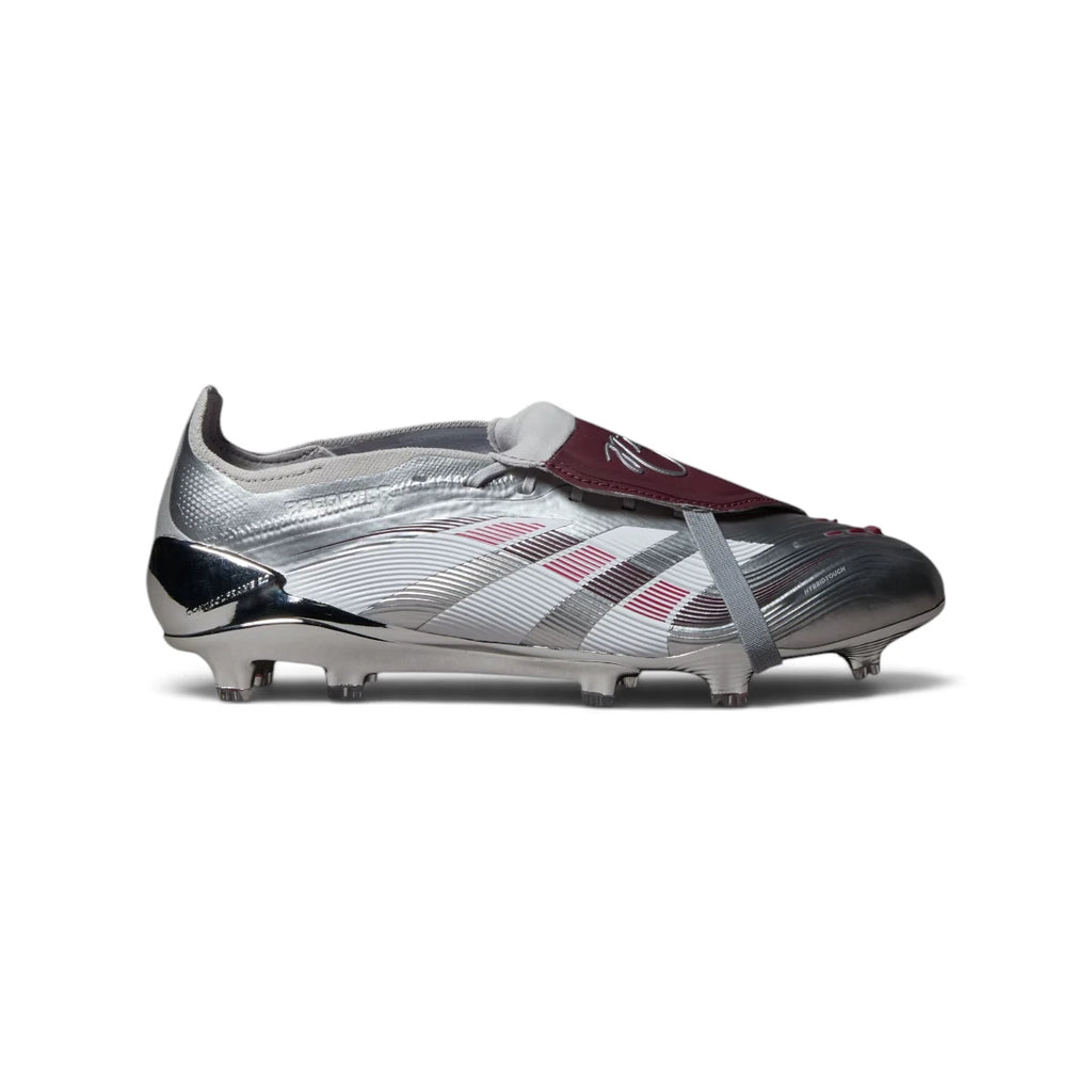 Clean lateral studio view of the boot in Silver Metallic, Legacy Burgundy, and Maroon, emphasizing the aerodynamic silhouette, metallic upper finish, and lightweight sole plate.