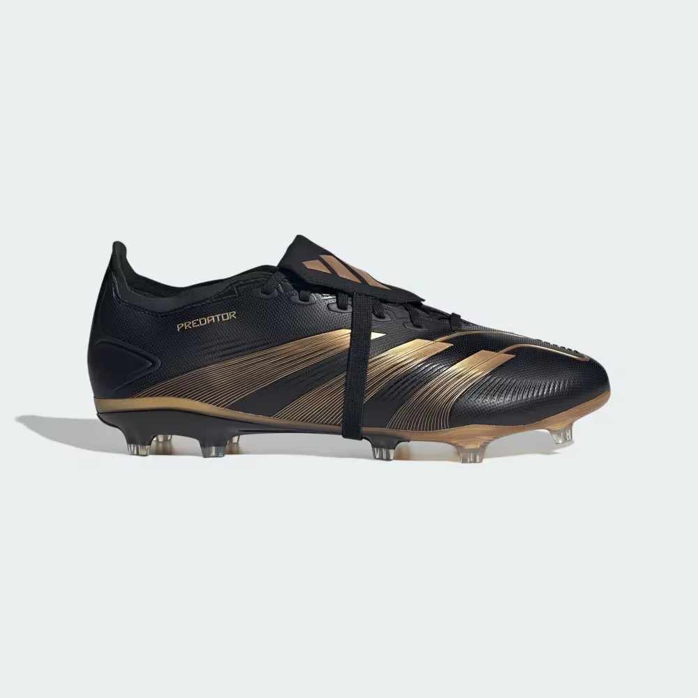The Black and Gold Bellingham Predator, highlighting the metallic gold 3-Stripes and the distinctive Jude Bellingham logo on the heel.