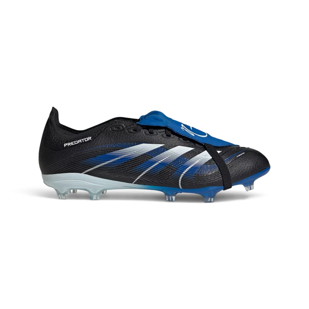 Studio lateral shot of the adidas Predator League Jude Bellingham firm and multi-ground boots in Core Black, Cloud White, and Glow Blue, highlighting the Hybridfeel upper, blue fold-over tongue with signature branding, and gradient blue Controlplate outsole.