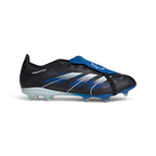Studio lateral shot of the adidas Predator League Jude Bellingham firm and multi-ground boots in Core Black, Cloud White, and Glow Blue, highlighting the Hybridfeel upper, blue fold-over tongue with signature branding, and gradient blue Controlplate outsole.