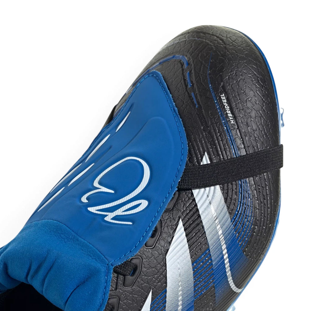 Detailed close-up angle focusing on the textured Hybridfeel forefoot material and the grippy rubber Strikescale fins engineered for ball manipulation.