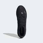 Top-down view of a pair of Adidas Predator Pro FG men's football boots in black, highlighting their streamlined silhouette and Primeknit collar.