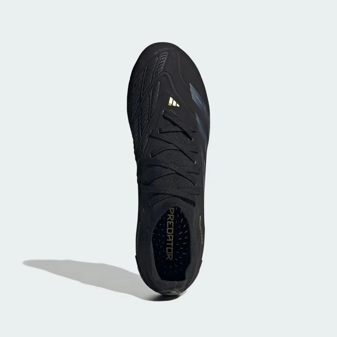 Top-down view of a pair of Adidas Predator Pro FG men's football boots in black, highlighting their streamlined silhouette and Primeknit collar.