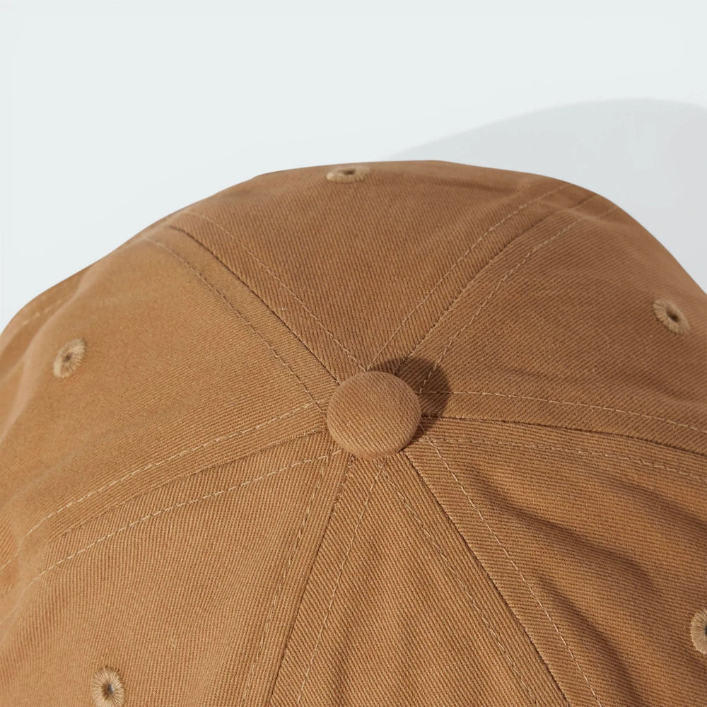 Top-down view of the cap, showcasing the six-panel construction and the rich Cardboard brown colourway.