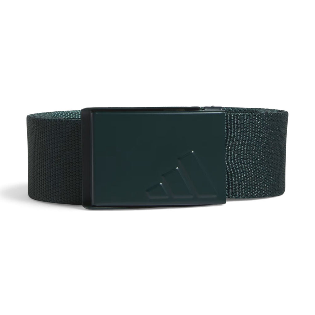 Studio product shot of the adidas Reversible Webbing Belt in Aurora Ivy and Preloved Teal, highlighting the textured webbing strap, adjustable clamp buckle with embossed adidas branding, and clean finished tip.