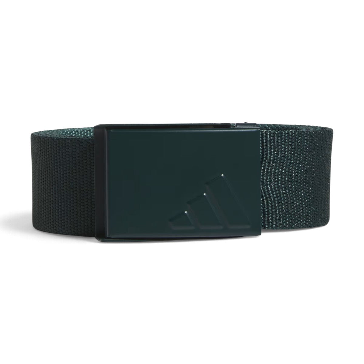 Studio product shot of the adidas Reversible Webbing Belt in Aurora Ivy and Preloved Teal, highlighting the textured webbing strap, adjustable clamp buckle with embossed adidas branding, and clean finished tip.