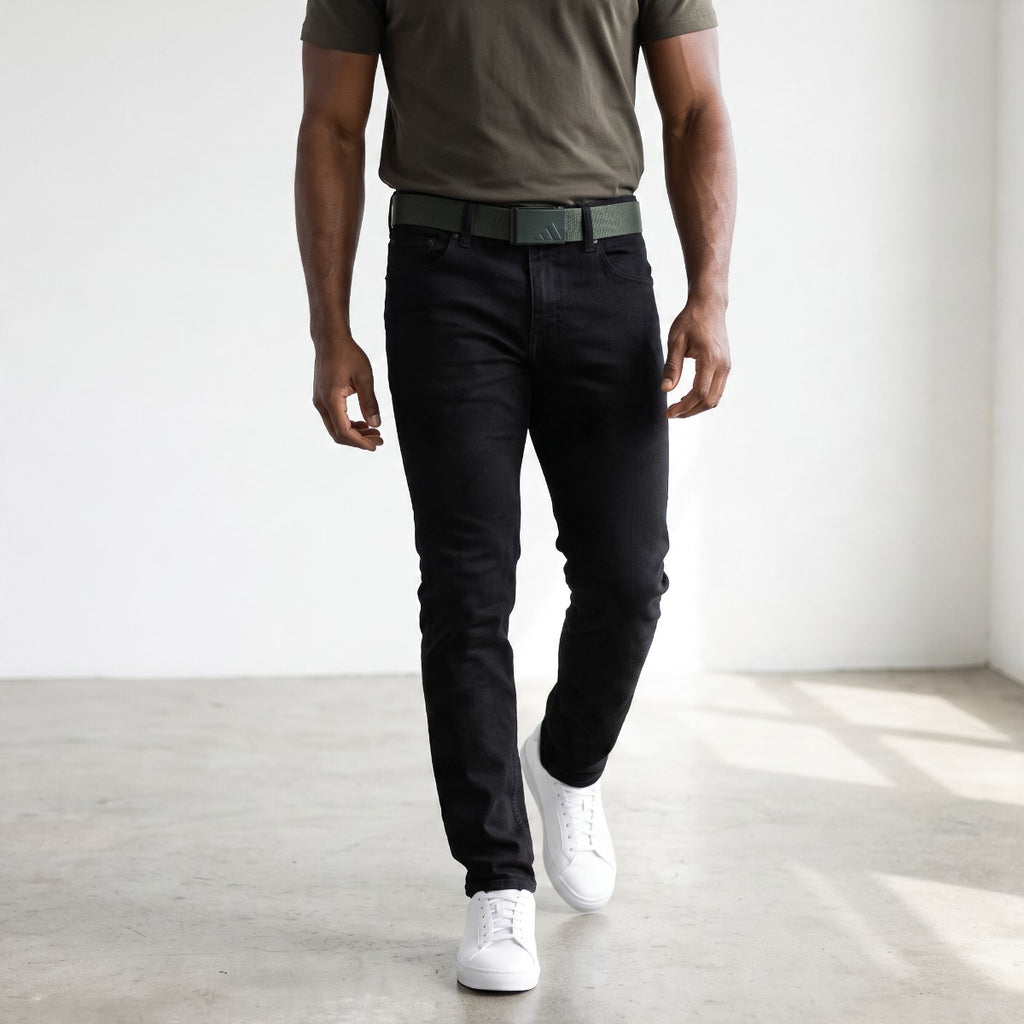 Product shot showing a model wearing the belt ready for casual wear or golf use. 