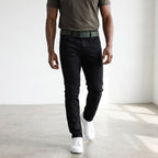 Product shot showing a model wearing the belt ready for casual wear or golf use. 