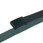 Detailed close-up angle capturing the metal clamp mechanism, embossed three-stripe branding on the buckle face, and the dual-sided texture of the webbing.