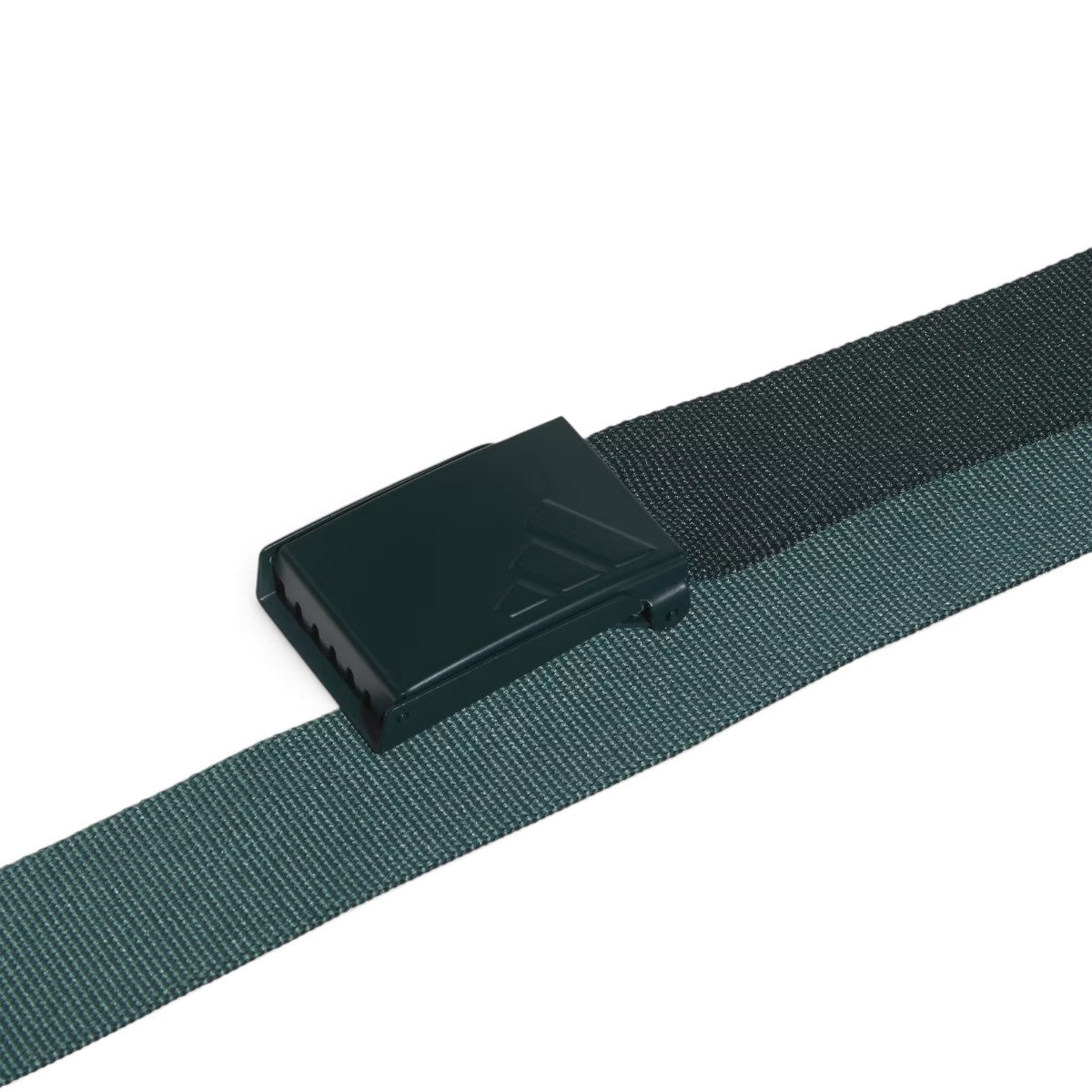 Detailed close-up angle capturing the metal clamp mechanism, embossed three-stripe branding on the buckle face, and the dual-sided texture of the webbing.