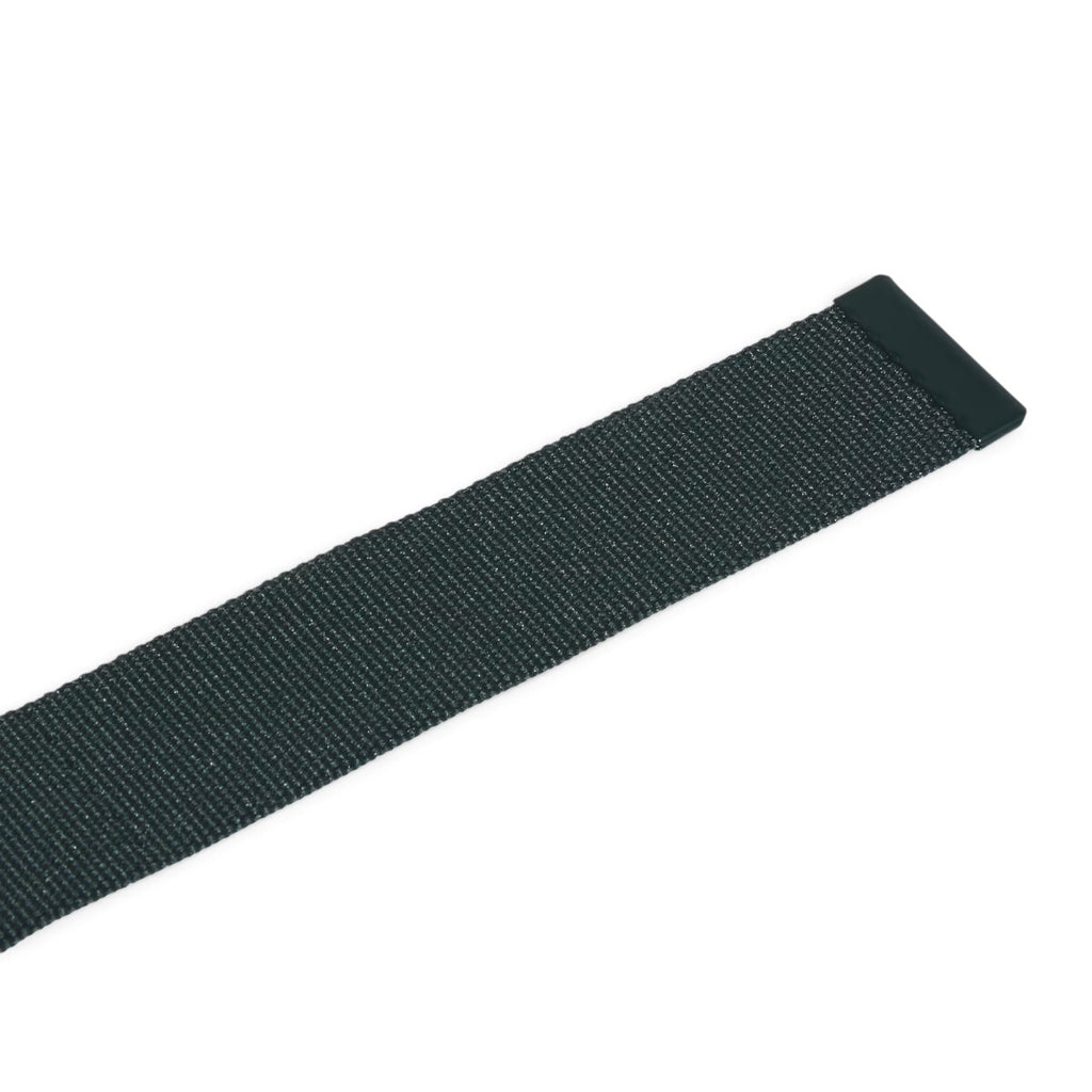 Close-up focus on the sealed metal end cap securing the end of the webbing strap to prevent fraying and maintain a polished finish.