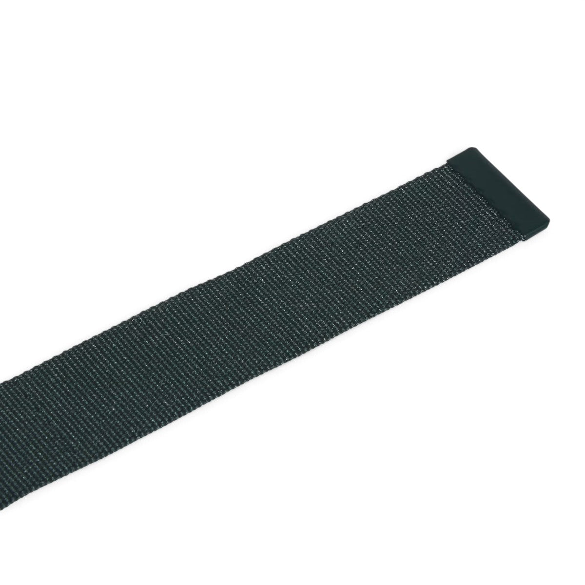 Close-up focus on the sealed metal end cap securing the end of the webbing strap to prevent fraying and maintain a polished finish.