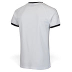 View from Behind Looking at the Rear: Rear-facing perspective focusing on the clean, unbranded white back panel, smooth shoulder yoke seams, and curved hemline.   