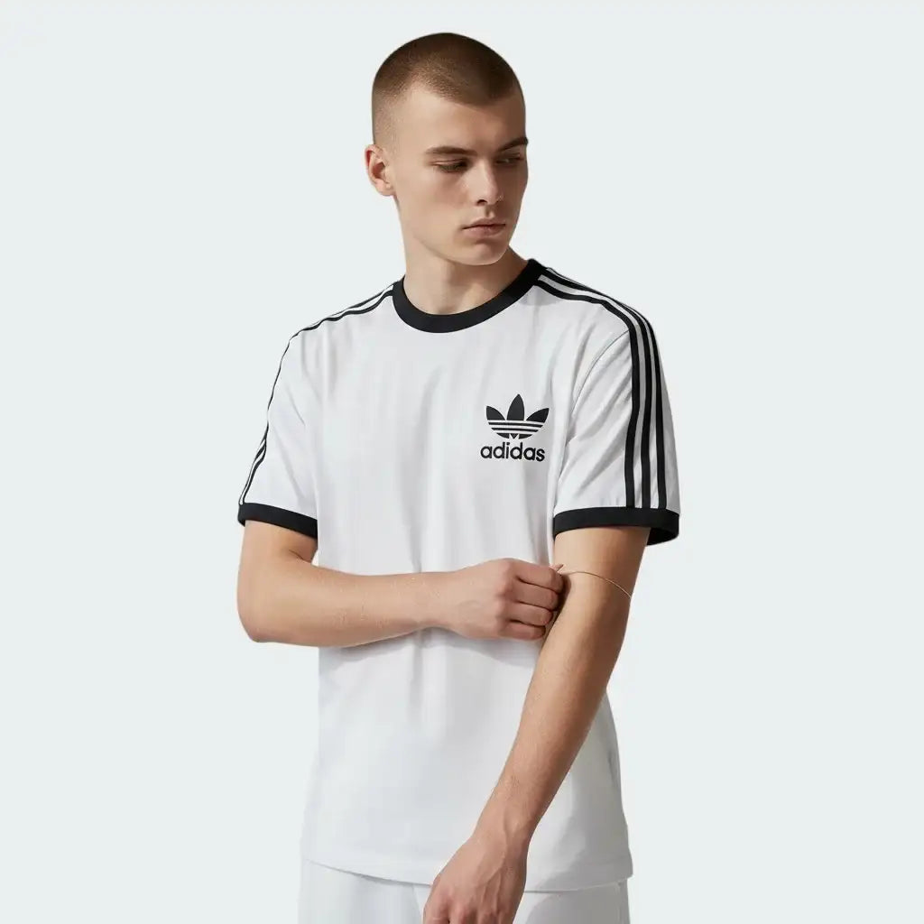 Adidas California T-Shirt Men's in white, front view showing the black Trefoil logo on the chest and the black 3-Stripes running down the sleeves.