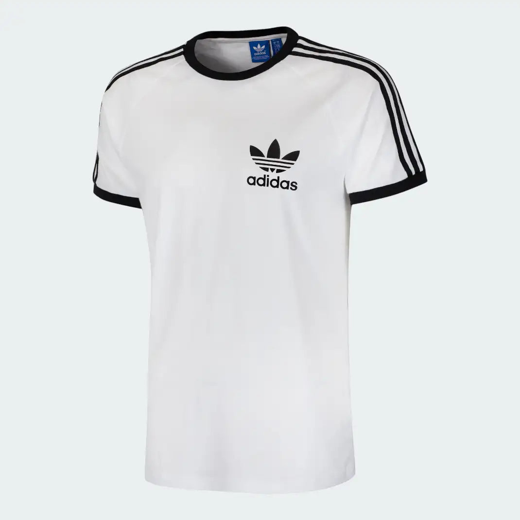 Adidas California T-Shirt Men's in white, angled image showing short sleeves with black 3-Stripes and the regular fit.