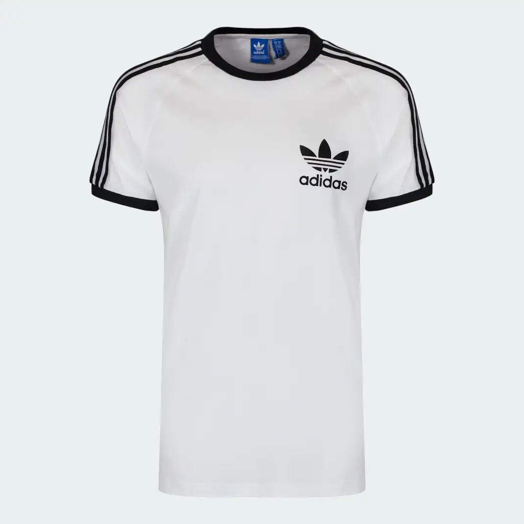Adidas California T-Shirt Men's in white, front view showing the black Trefoil logo on the chest and the black 3-Stripes running down the sleeves.