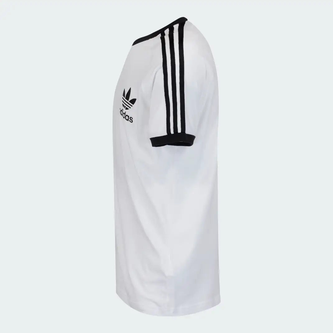 Adidas California T-Shirt Men's in white, side profile showing short sleeves with black 3-Stripes and the regular fit.