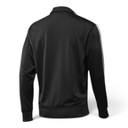 Focuses on the clean, unadorned back panel of the jacket, highlighting the sharp drop of the shoulder seams and the consistent rich tone of the black tricot fabric.