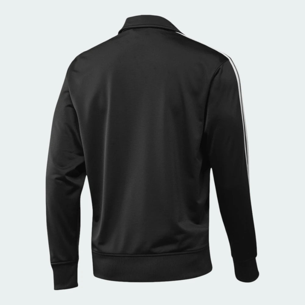 Focuses on the clean, unadorned back panel of the jacket, highlighting the sharp drop of the shoulder seams and the consistent rich tone of the black tricot fabric.
