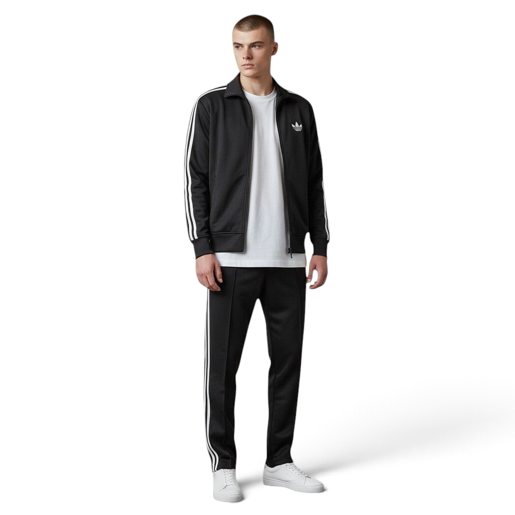 Focuses on the symmetry of the flat-laid track jacket, displaying the perfect alignment of the high stand-up funnel collar, the central zip track, and the balance of the embroidered Trefoil logo on the chest. Main image