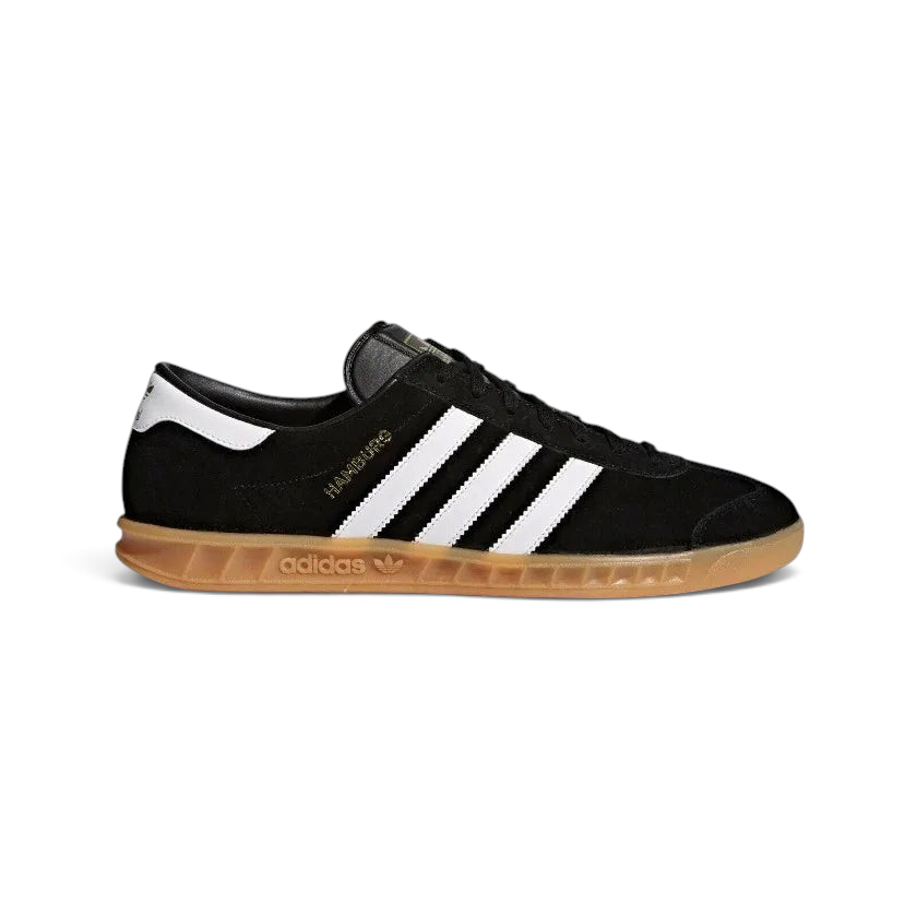 adidas Hamburg Men's S76696 side view showing black suede upper and white 3-Stripes Main image
