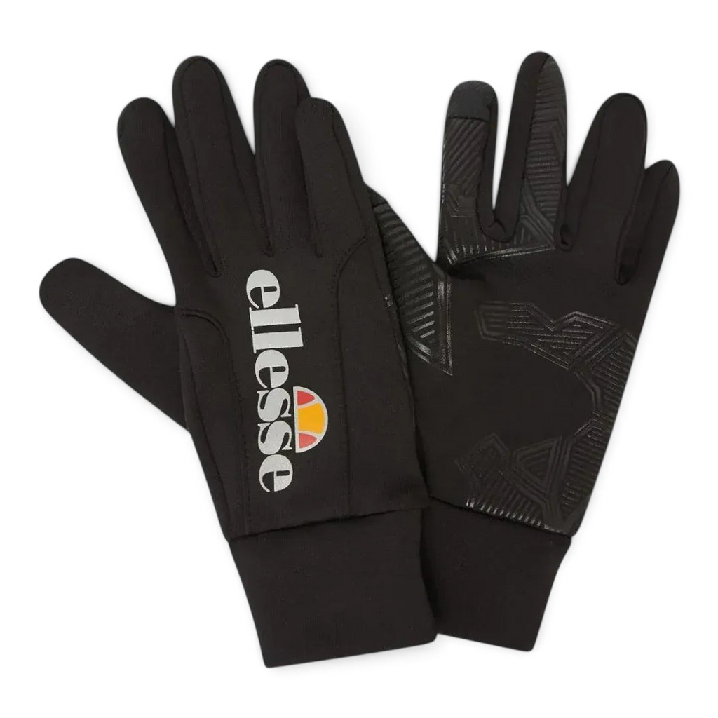Close-up zoom on the fabric of the Ellesse Daxo Touchscreen Gloves in black, showing the knit texture and the embroidered Ellesse logo.