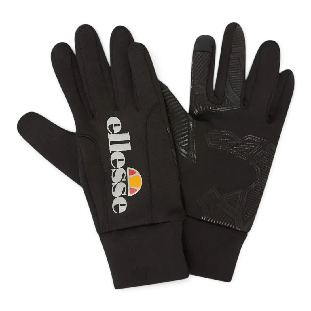 Close-up zoom on the fabric of the Ellesse Daxo Touchscreen Gloves in black, showing the knit texture and the embroidered Ellesse logo.