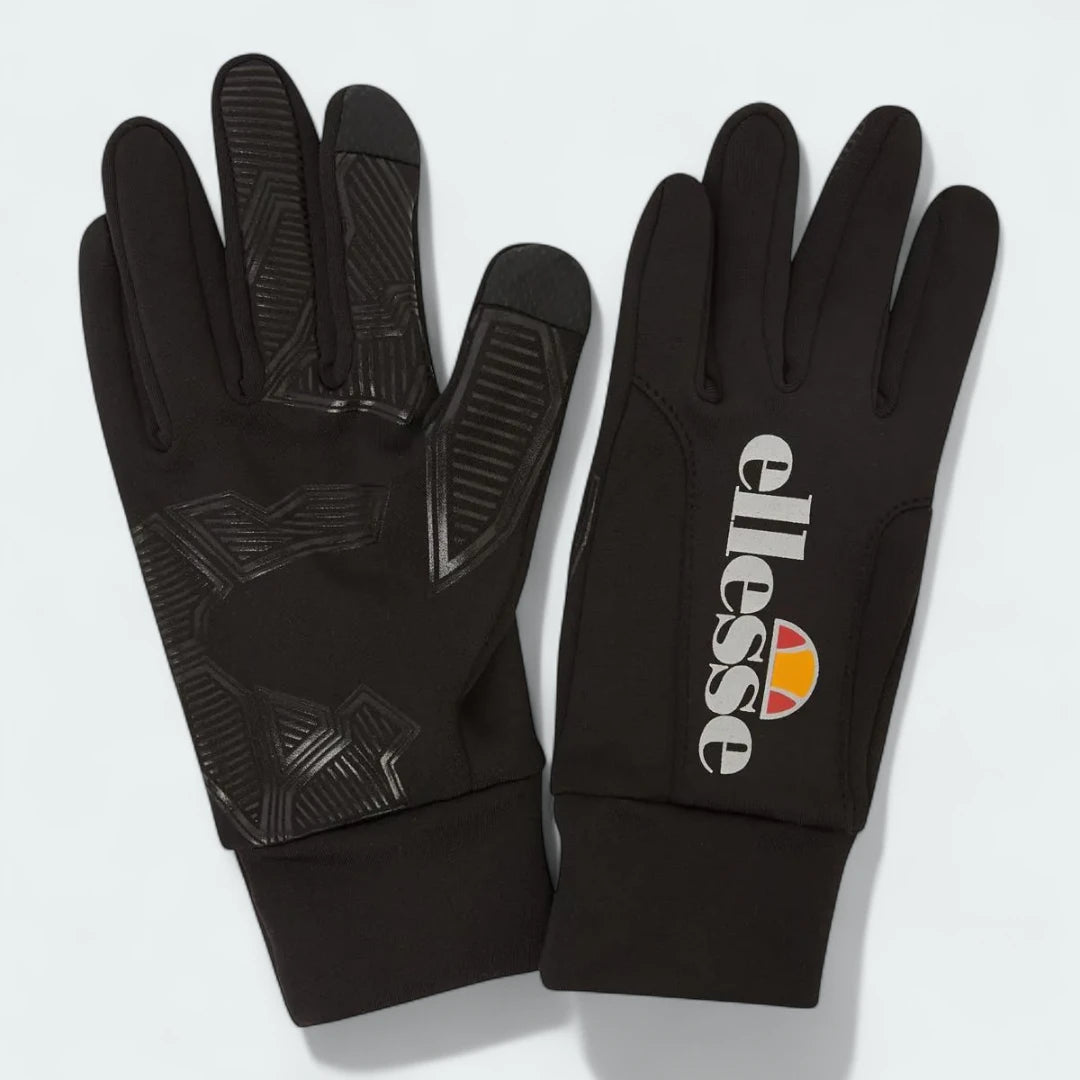 Ellesse Daxo Touchscreen Gloves in black, front view showing the comfortable knit material and the Ellesse logo on the back of the hand.