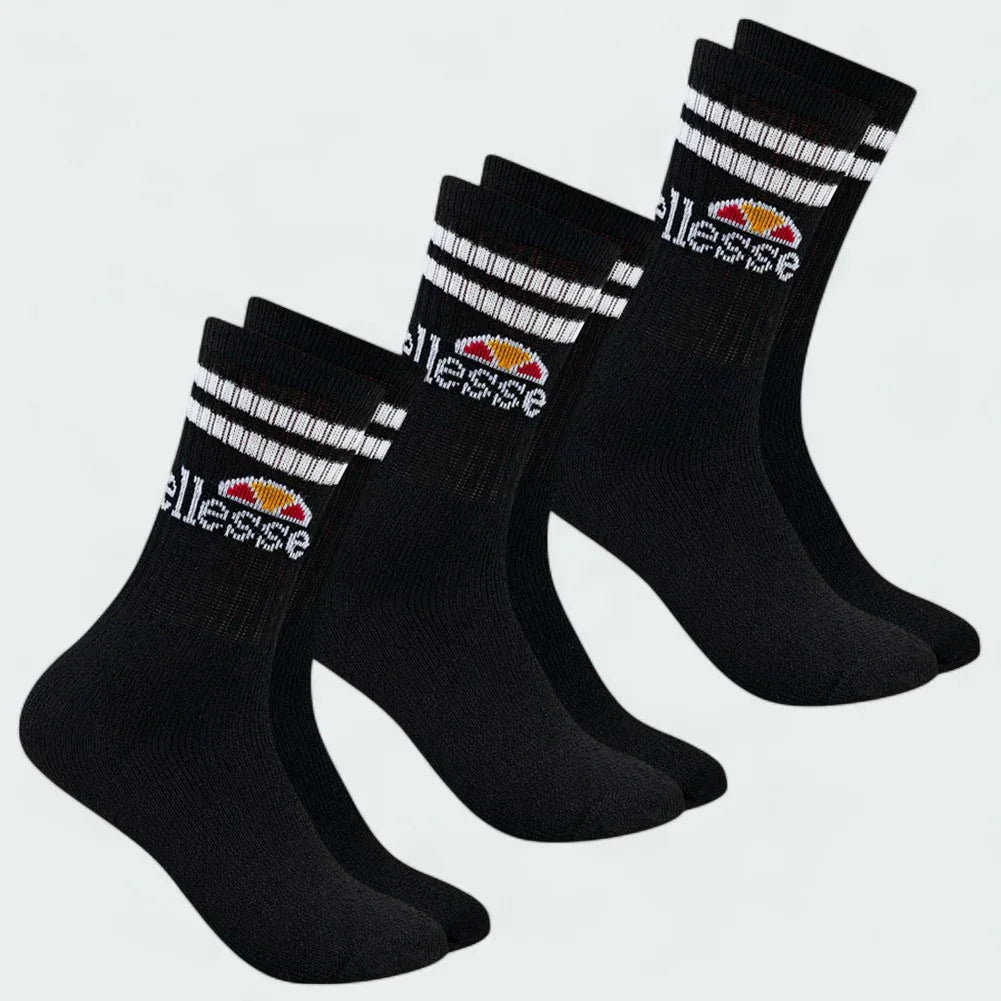 Three Ellesse Vulloni Men's Sport Crew Socks in black side profile, showing their full length, sole cushioning, and branding. Main image