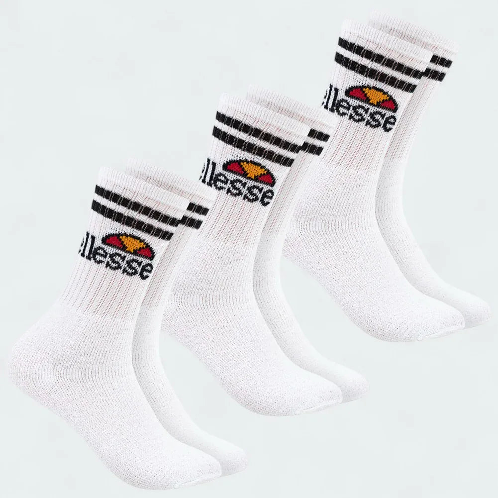 Three Ellesse Vulloni Men's Sport Crew Socks in white side profile, showing their full length, sole cushioning, and branding. Main image