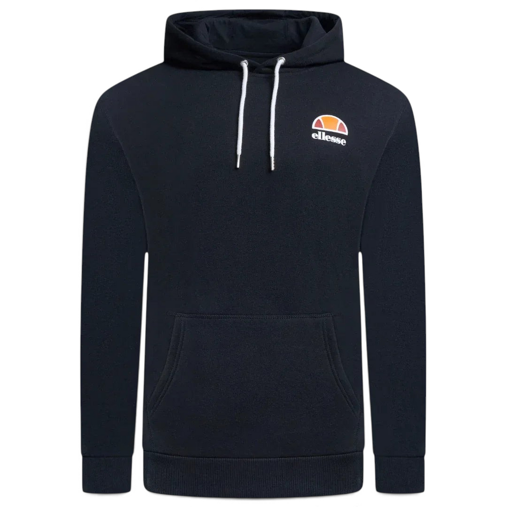 Ellesse Toce Overhead Hoodie Men's in black, front view showing the hood, kangaroo pocket, and Ellesse logo on the chest.