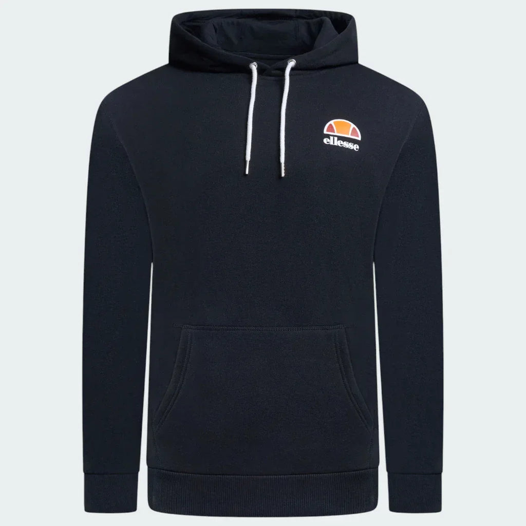Ellesse Toce Overhead Hoodie Men's in black, front view showing the hood, kangaroo pocket, and Ellesse logo on the chest.