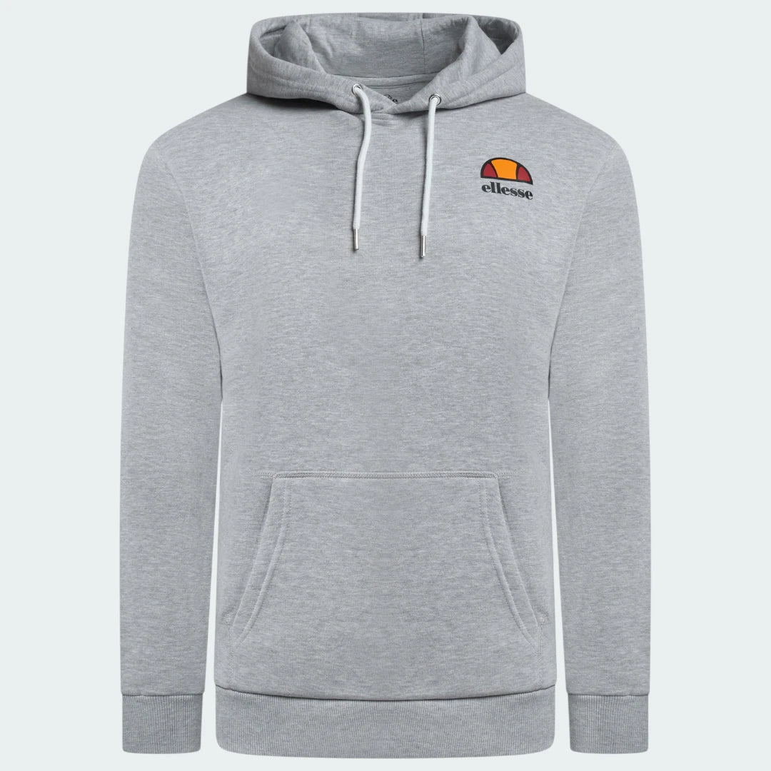 Ellesse Toce Overhead Hoodie Men's in light grey, front view showing the hood, kangaroo pocket, and Ellesse logo on the chest.