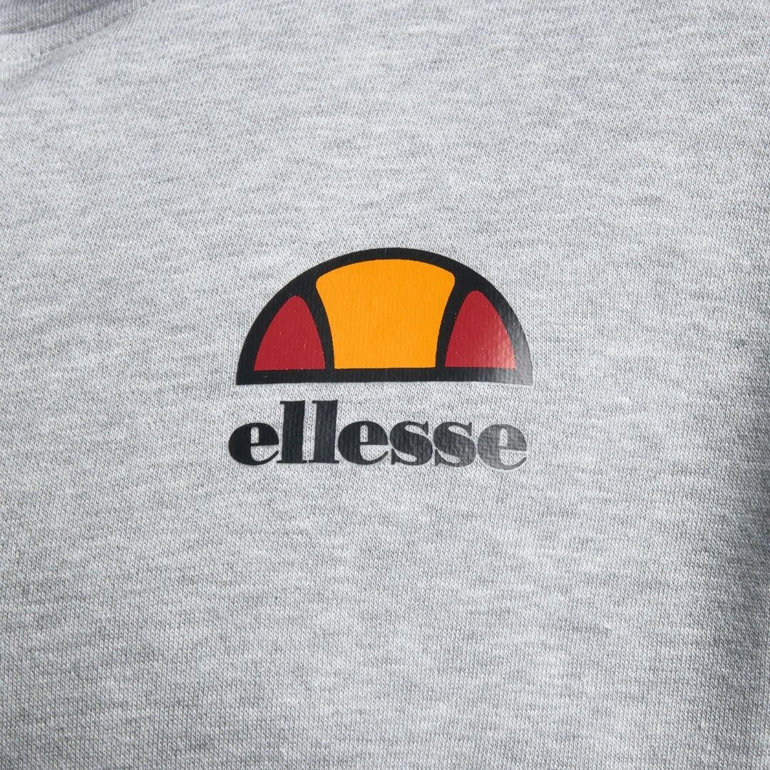 Close-up zoom on the fabric of the Ellesse Toce Overhead Hoodie in light grey, showing the soft fleece texture and the embroidered or printed Ellesse logo.