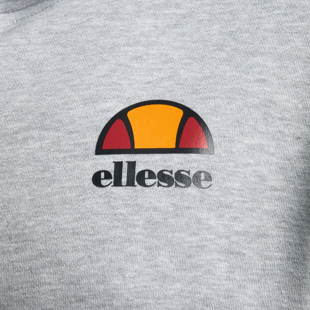 Close-up zoom on the fabric of the Ellesse Toce Overhead Hoodie in light grey, showing the soft fleece texture and the embroidered or printed Ellesse logo.
