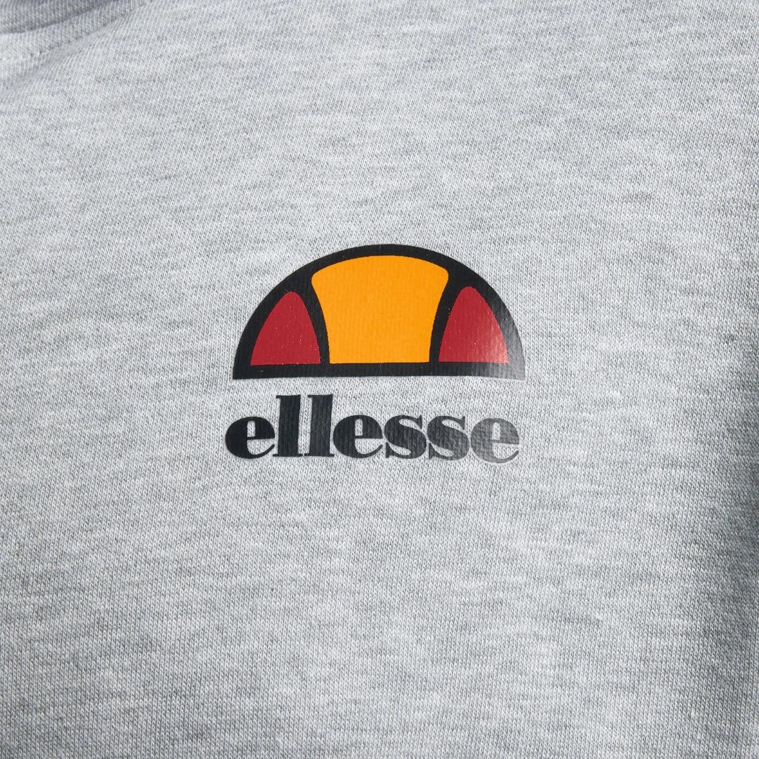 Close-up zoom on the fabric of the Ellesse Toce Overhead Hoodie in light grey, showing the soft fleece texture and the embroidered or printed Ellesse logo.