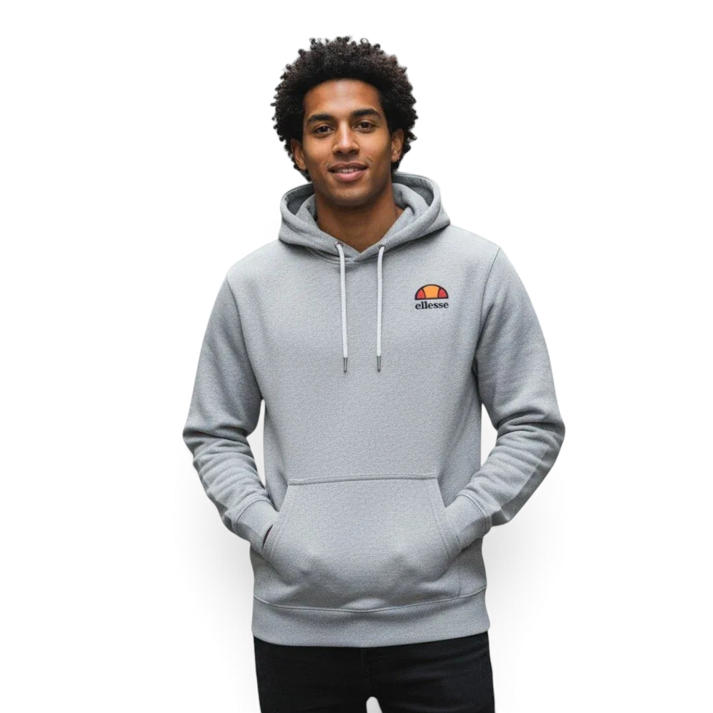 Ellesse Toce Overhead Hoodie Men's in light grey, worn by a model with hands inside the kangaroo pockets