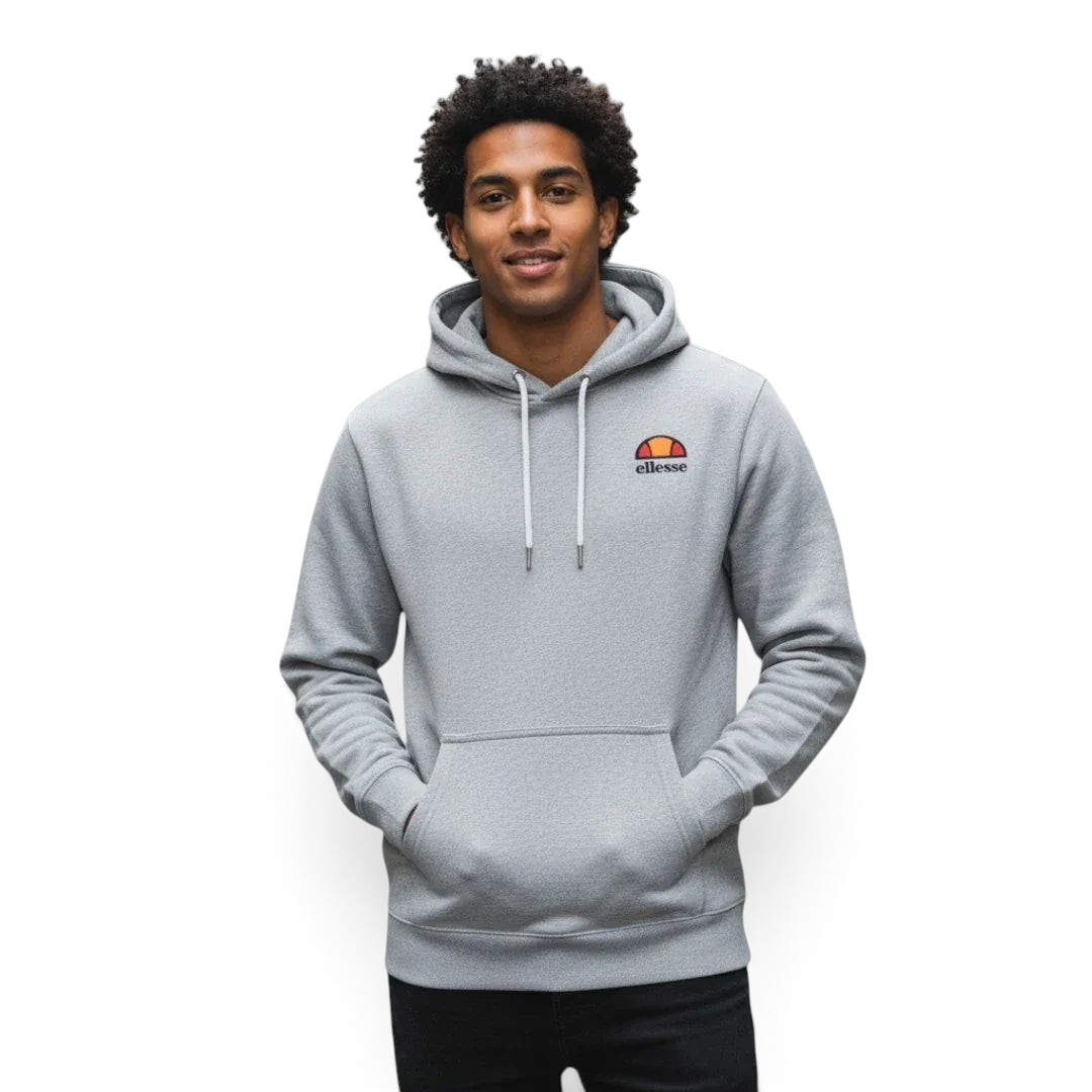 Ellesse Toce Overhead Hoodie Men's in light grey, worn by a model with hands inside the kangaroo pockets