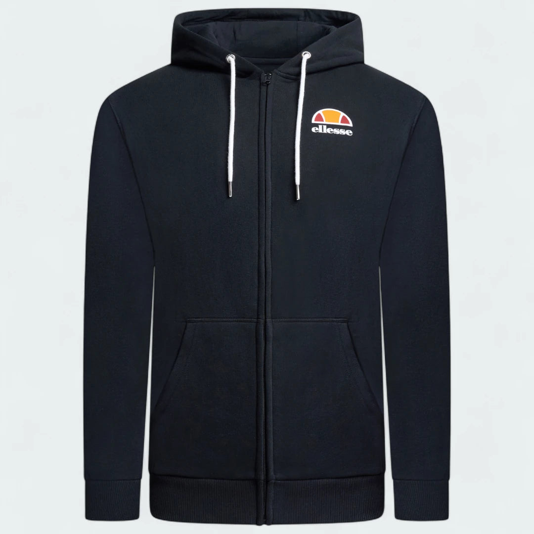 Ellesse Miletto Full-Zip Hoodie Men's in black, front view showing the full zipper, drawcord hood, split kangaroo pockets, and Ellesse logo on the chest.