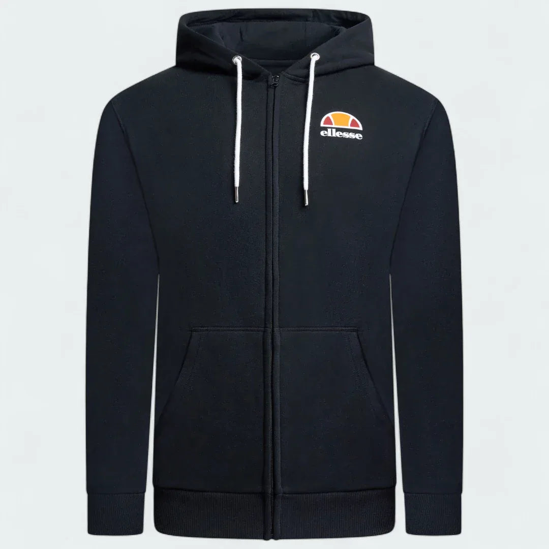 Ellesse Miletto Full-Zip Hoodie Men's in black, front view showing the full zipper, drawcord hood, split kangaroo pockets, and Ellesse logo on the chest.