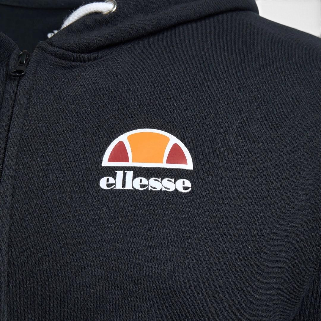 Close-up zoom on the fabric of the Ellesse Miletto Full-Zip Hoodie in black, showing the soft fleece texture and the embroidered or printed Ellesse logo.