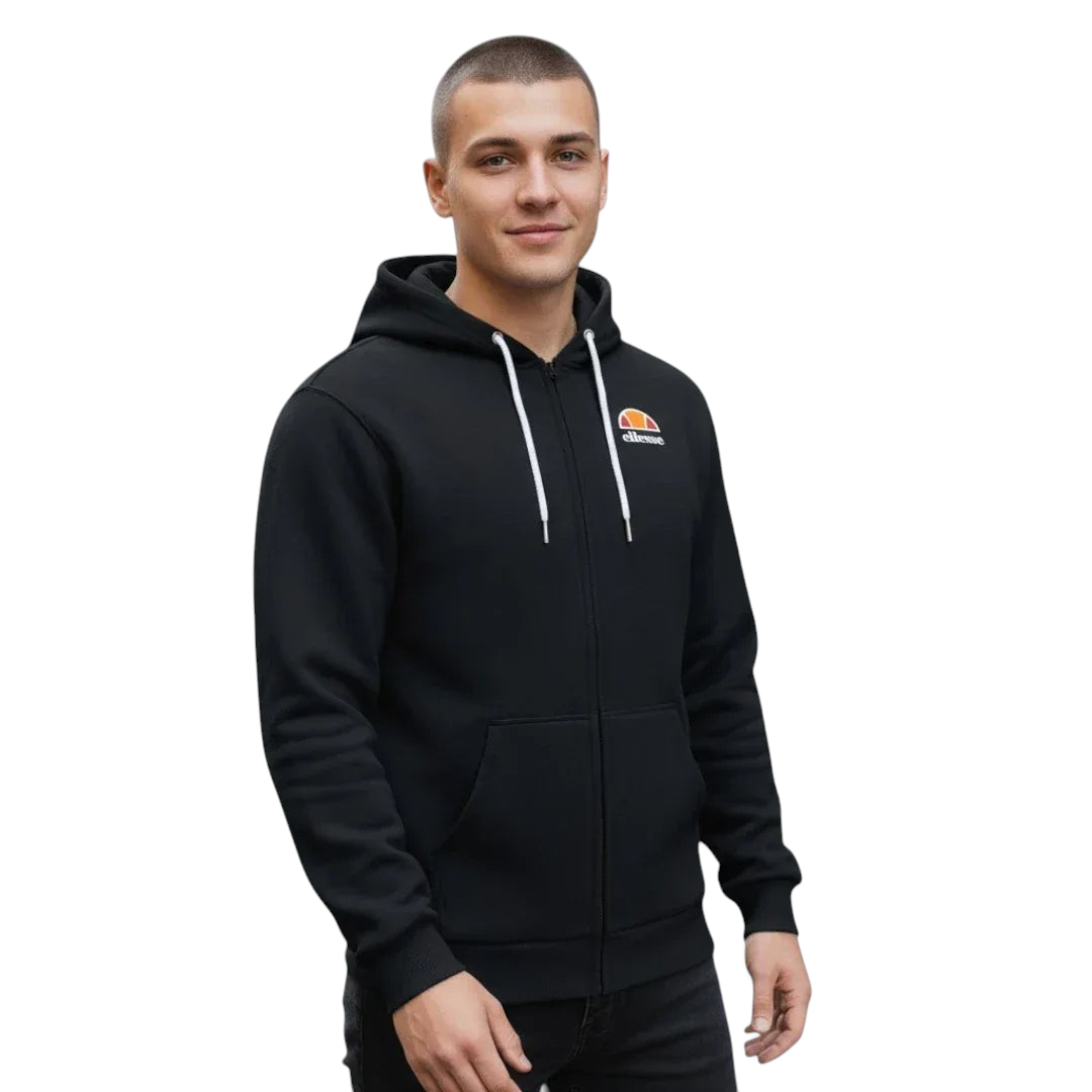 Ellesse Miletto Full-Zip Hoodie Men's in black, model worn showing the full zipper, drawcord hood, split kangaroo pockets, and Ellesse logo on the chest. Main image