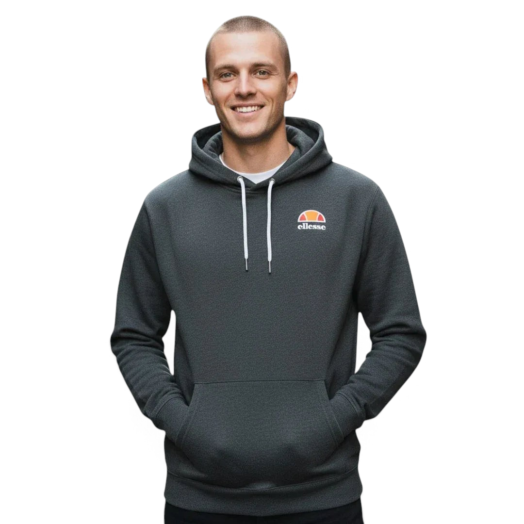 Ellesse Toce Overhead Hoodie Men's in charcoal, demonstrated with a model with hands inside the kangaroo pockets Main image
