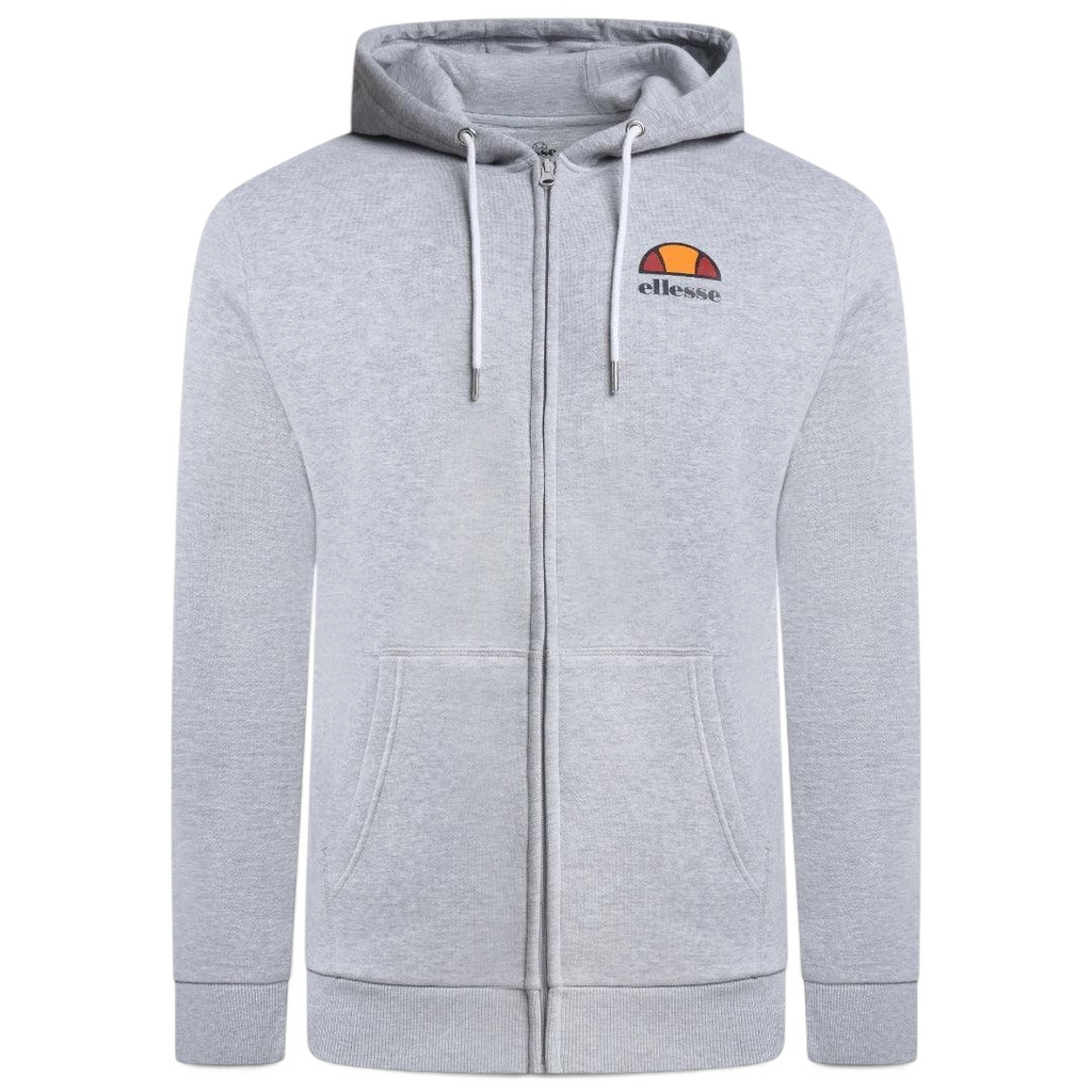 Ellesse Miletto Full-Zip Hoodie Men's in light grey, front view showing the full zipper, drawcord hood, split kangaroo pockets, and Ellesse logo on the chest.