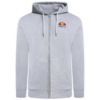 Ellesse Miletto Full-Zip Hoodie Men's in light grey, front view showing the full zipper, drawcord hood, split kangaroo pockets, and Ellesse logo on the chest.