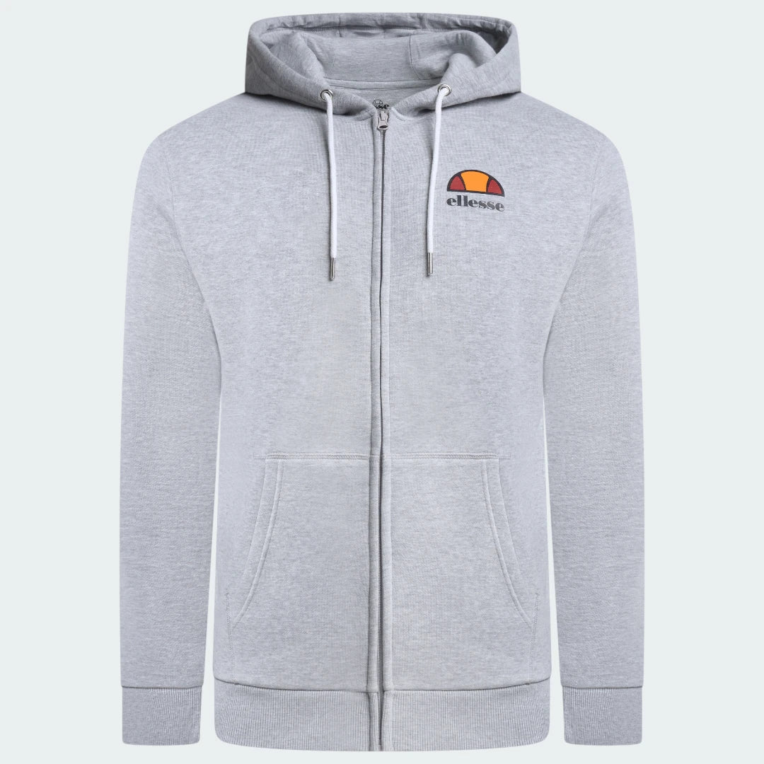 Ellesse Miletto Full-Zip Hoodie Men's in light grey, front view showing the full zipper, drawcord hood, split kangaroo pockets, and Ellesse logo on the chest.