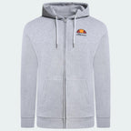 Ellesse Miletto Full-Zip Hoodie Men's in light grey, front view showing the full zipper, drawcord hood, split kangaroo pockets, and Ellesse logo on the chest.